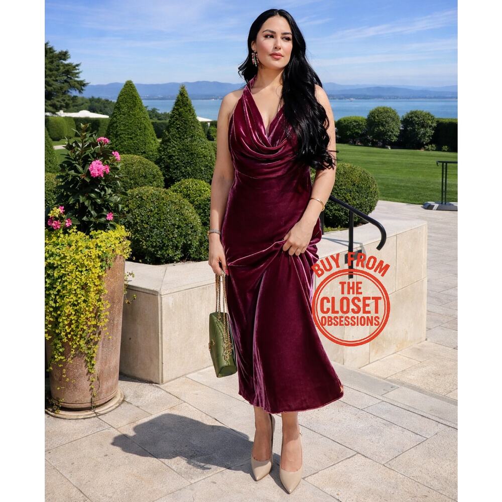 Zara NWT Raspberry Velvet Halter Open Back Maxi Dress M - Picture 2 of 16